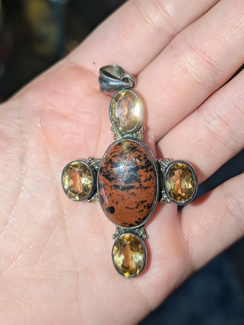 Sterling Silver Brown Jasper and Citrine Cross Pendant